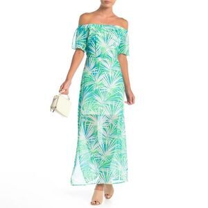 CeCe Vacation Off The Shoulder Maxi Slits Palm Tree Beach Women Dress Size 6